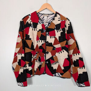 Coldwater Creek Patchwork Jacket Blazer L Red Brown Black Wool Artsy Eclectic
